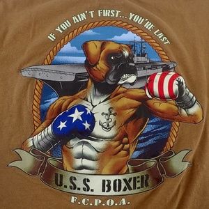 USS Boxer LHD-4 FCPOA Brown T-shirt Size Small "If You Ain't First, Your'e Last"
